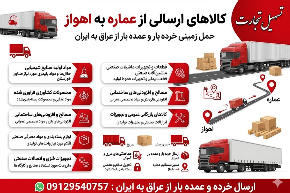 ارسال بار از عماره به اهواز با شرکت تسهیل تجارت
